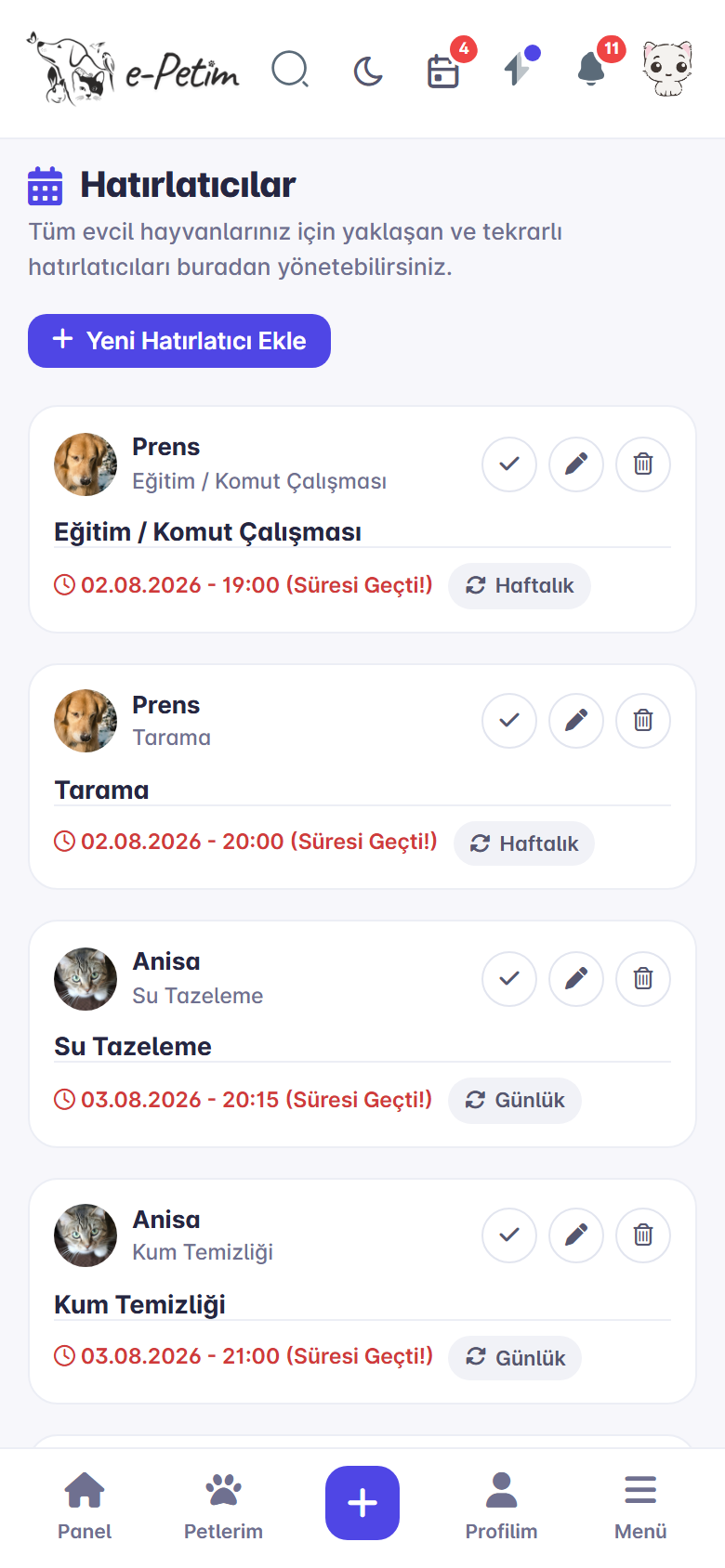 ePetim hatırlatıcılar ekranı