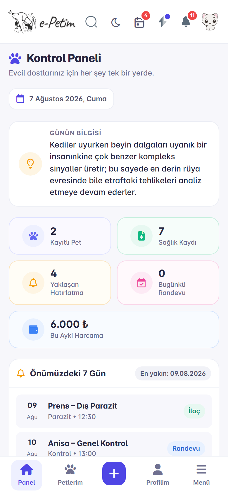 ePetim kontrol paneli ekranı